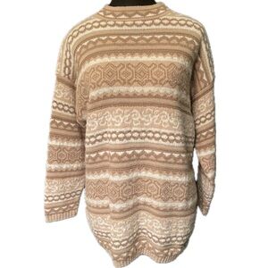 Vintage 90s Dana Scott Fair Isle Metallic Gold Cream Tan Knit Sweater EUC Sz M